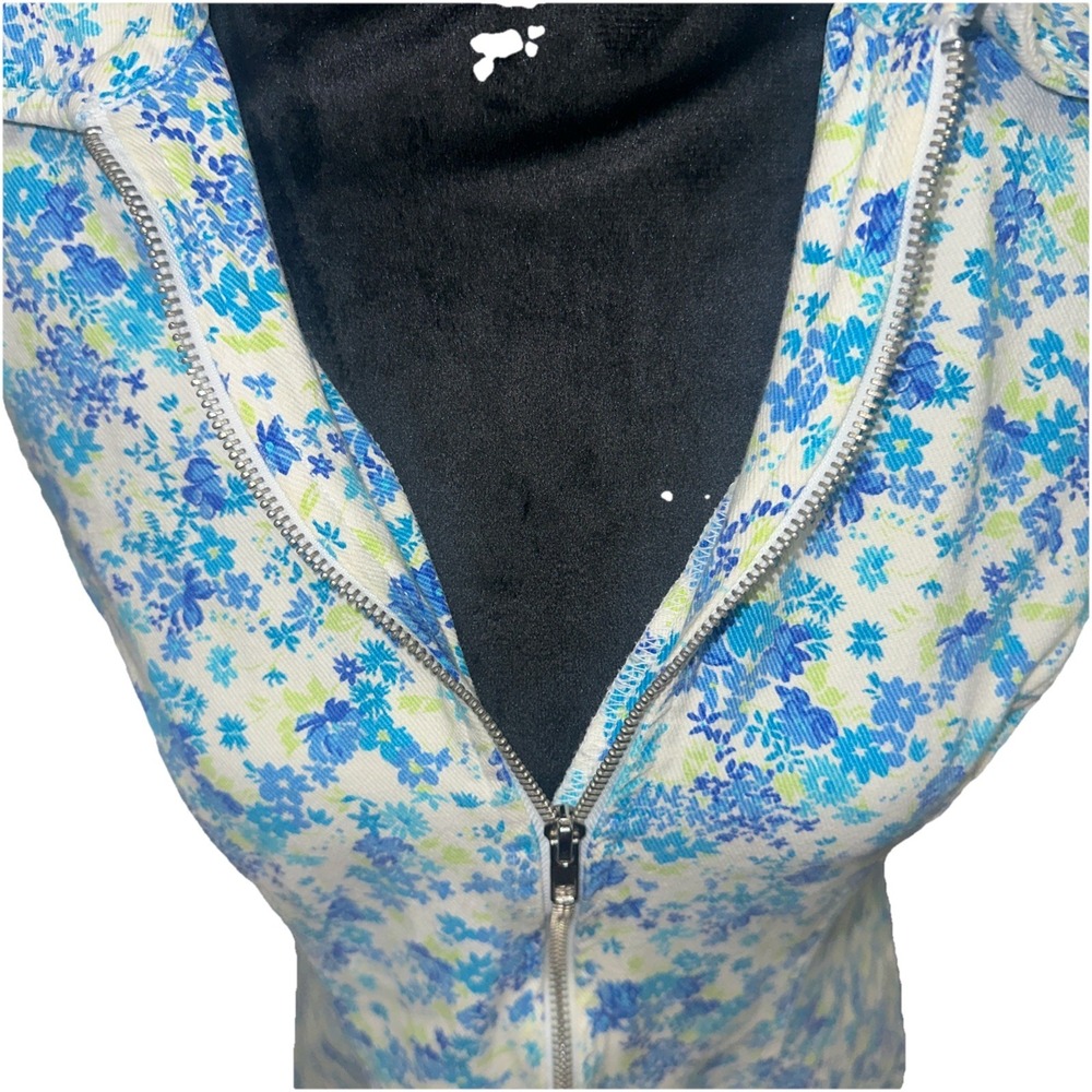 Vintage Paris Blues Denim Dress Medium Floral Full Zip Up Retro Y2K Midi Spring - Picture 2 of 9